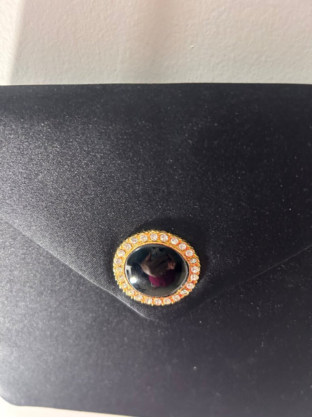 Vintage Black Satin Formal Clutch Purse Rhinestone Cabochon Accent - Picture 2 of 12